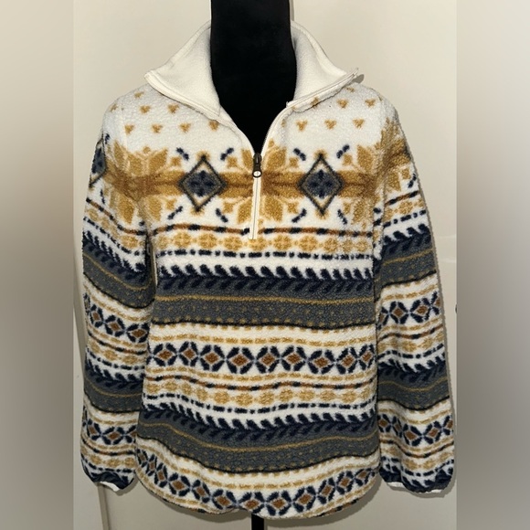 L.L. Bean Sweaters - LL BEAN Women’s Ivory Nordic Aztec Print Fleece 1/4 Zip Pullover -  Size S